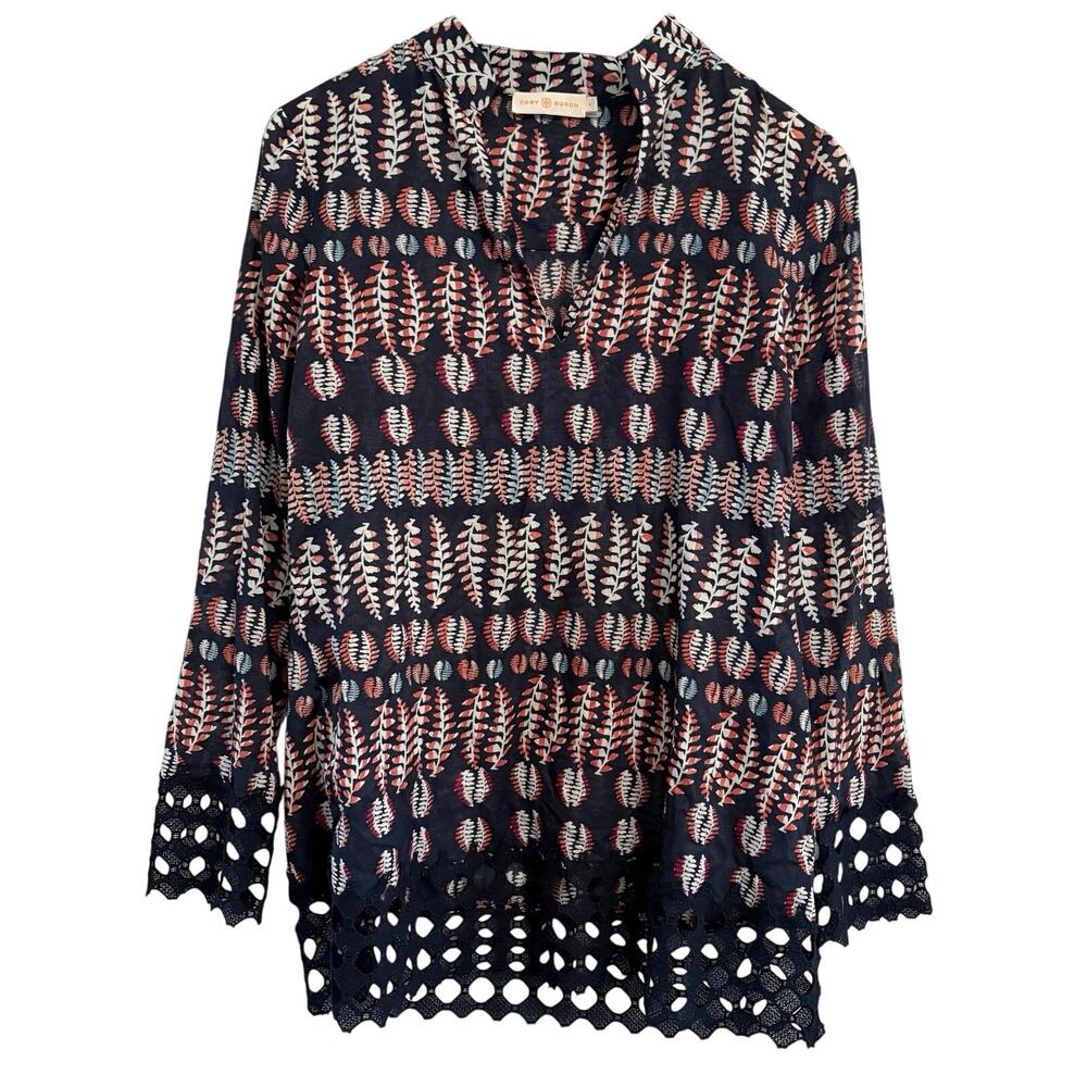 Tory Burch Crochet Tunic Top Women’s Size 4 Cotton Leaf Print Vacation Resort